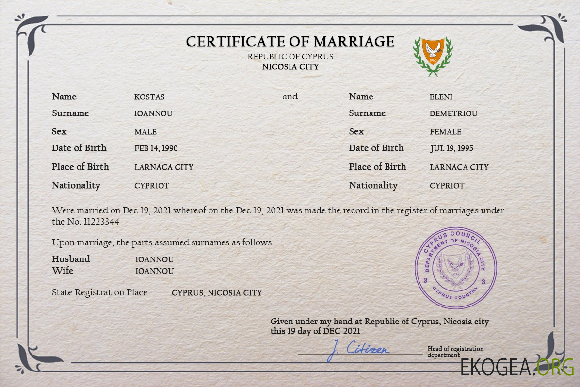 Modèle PSD de certificat de mariage à Chypre